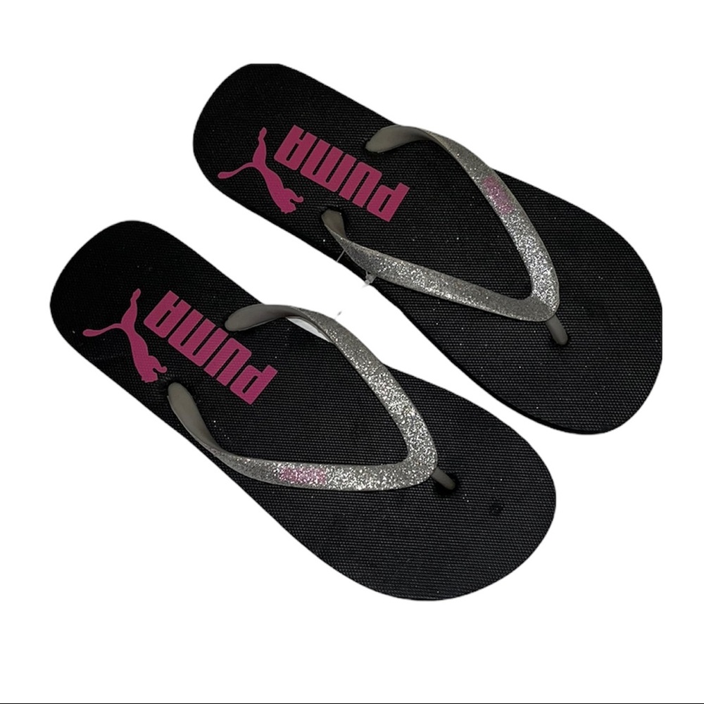 NEW Puma Jr. Silver Glitter Strap Flip Flops size 3/4 Black & Pink